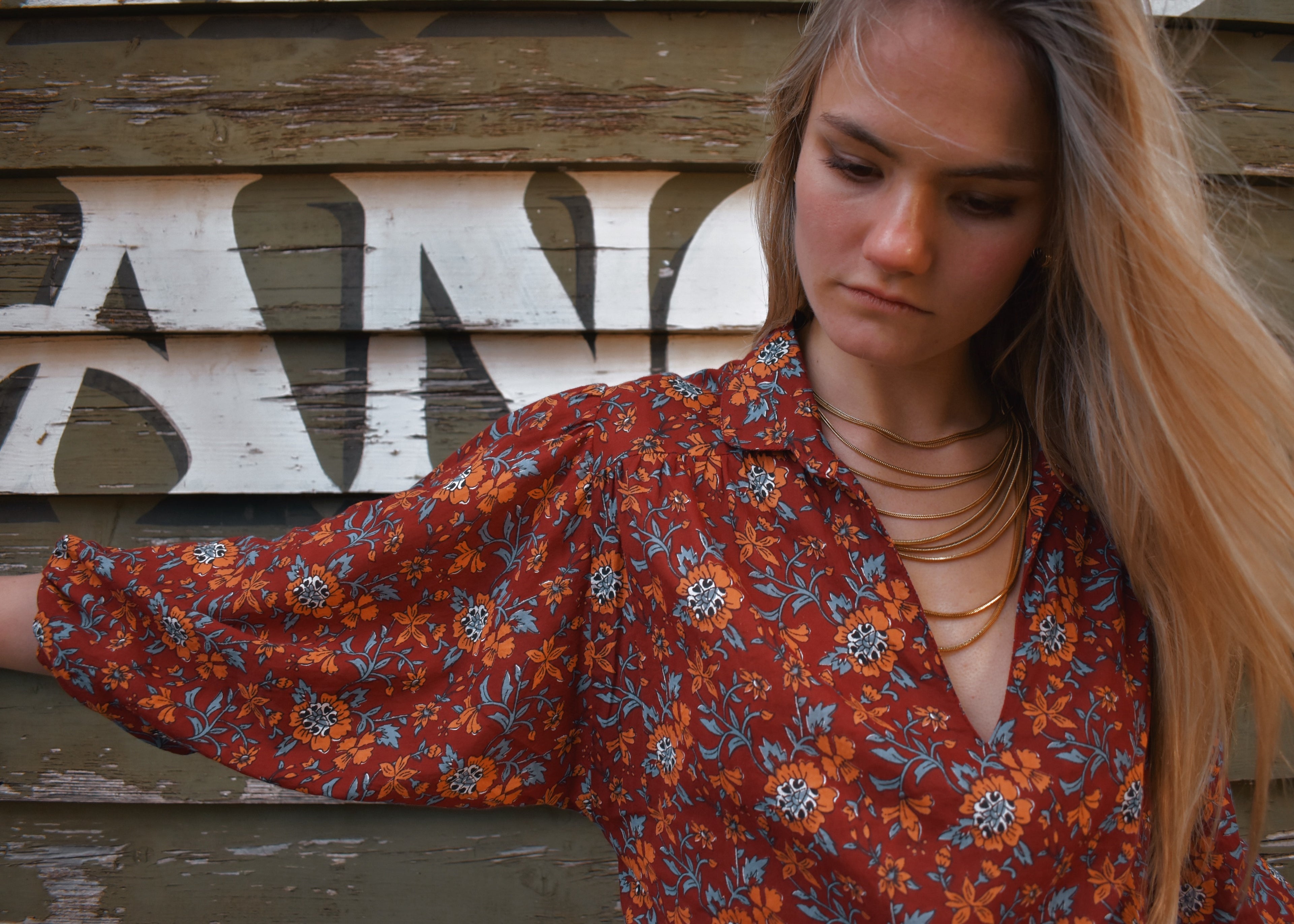 Aster Block-Print Indian Cotton Blouse ~ Plum