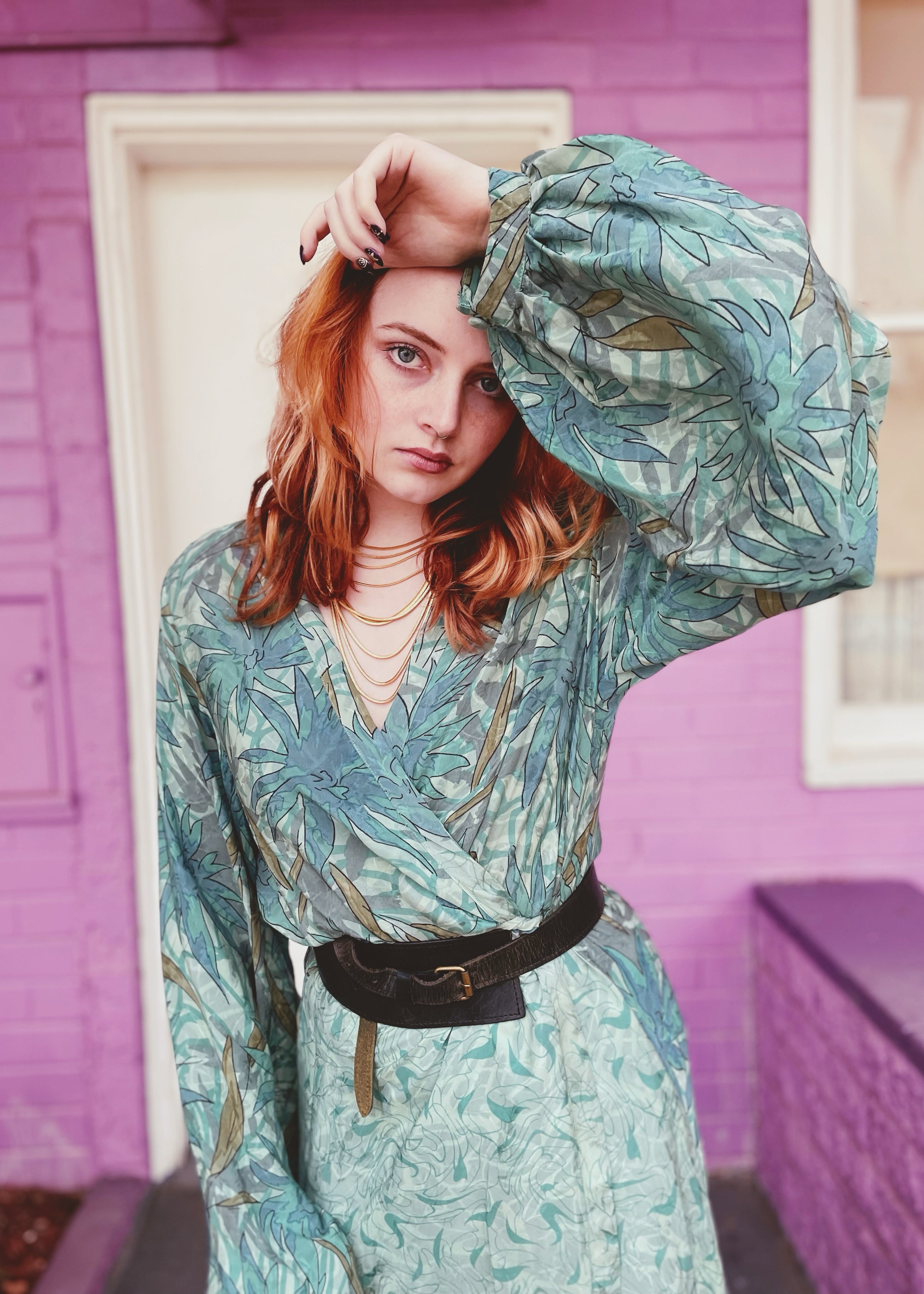 Caladium Wrap Silk Dress ~  Havana XL