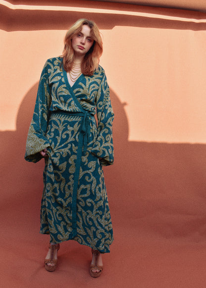 Caladium Wrap Silk Dress ~ Emerald XL
