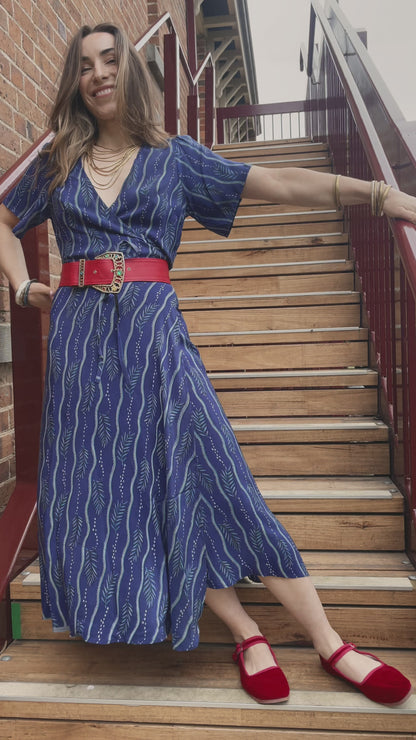Liatris Silk Crepe Flutter Sleeve Wrap Dress ~ Saxony M