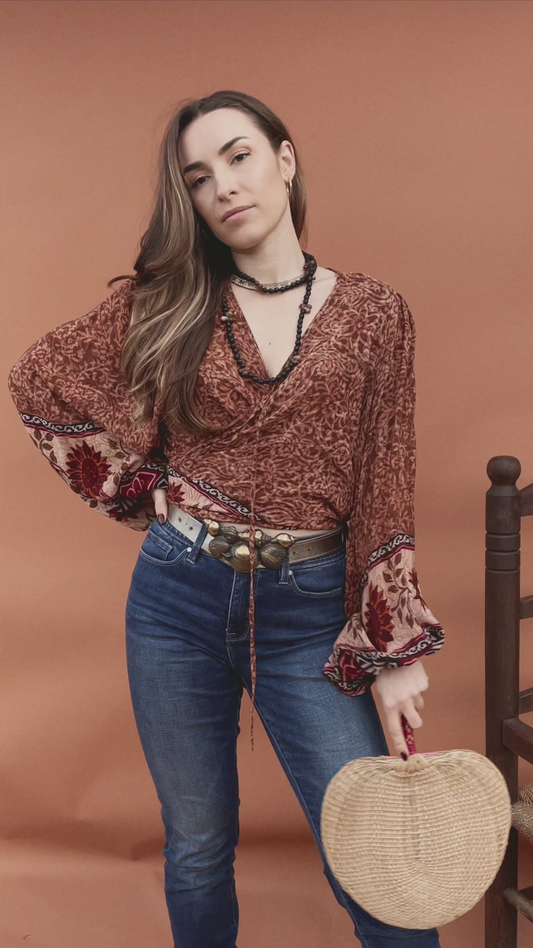 Hoya Silk Crepe Balloon Sleeve Wrap Top ~ Boheme XL