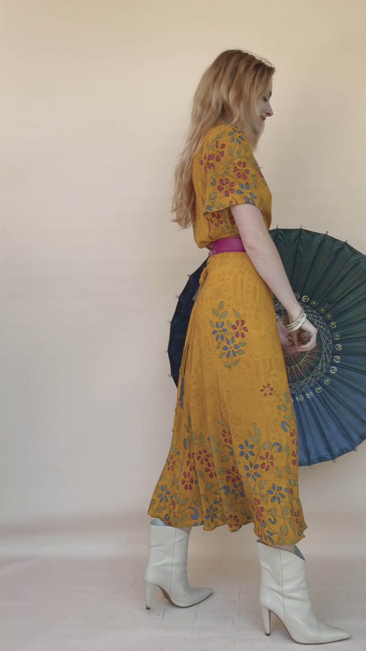 Liatris Silk Crepe Flutter Sleeve Wrap Dress ~ Marigold S