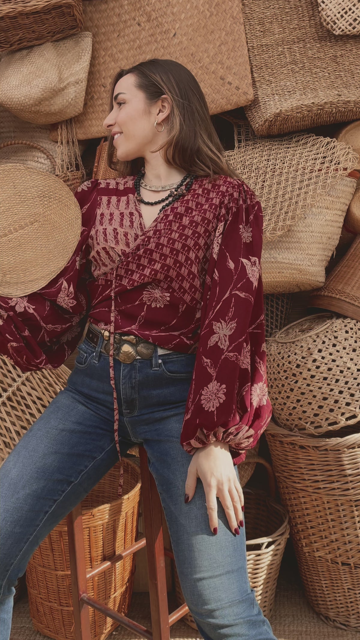 Hoya Silk Crepe Balloon Sleeve Wrap Top ~ Burgundy XL