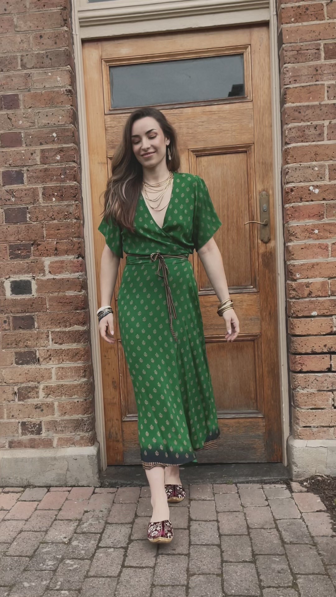 Liatris Silk Crepe Flutter Sleeve Wrap Dress ~ Emerald L