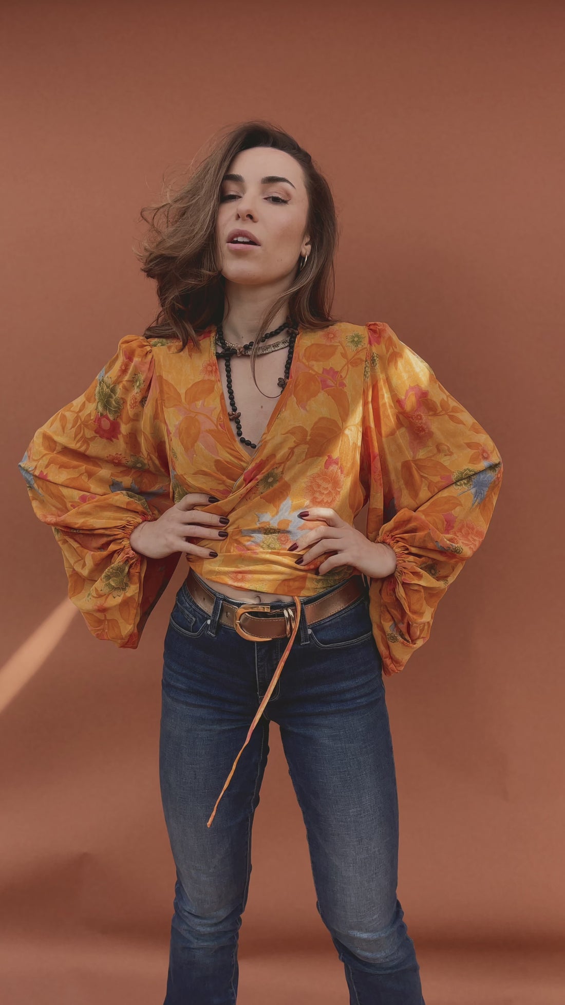 Hoya Silk Crepe Balloon Sleeve Wrap Top ~ Saffron XL