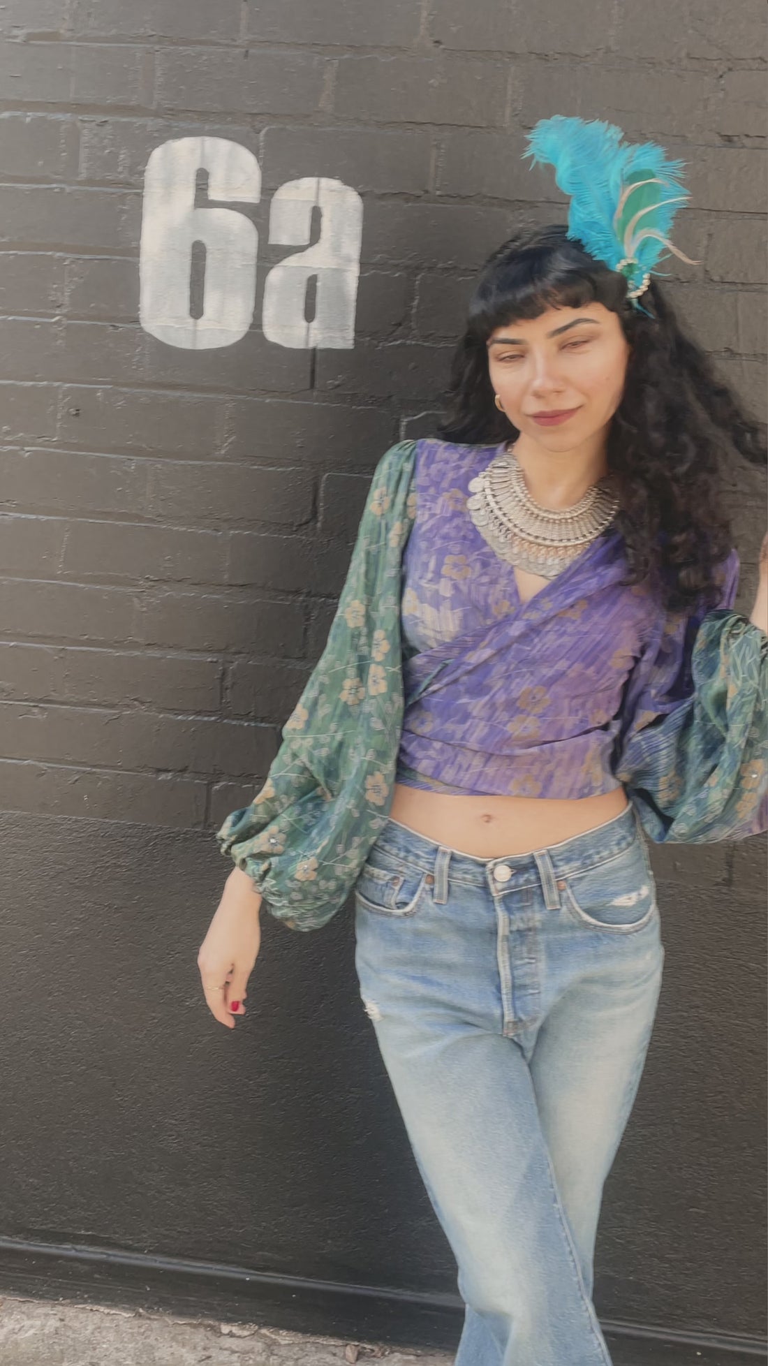 Hoya Silk Crepe Balloon Sleeve Wrap Top ~ Jacaranda XS