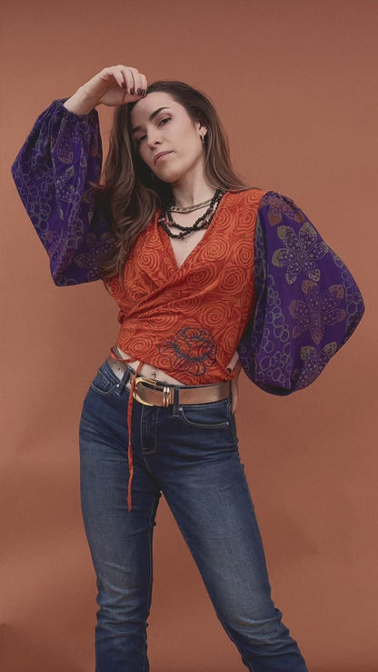 Hoya Silk Crepe Balloon Sleeve Wrap Top ~ Puffin L