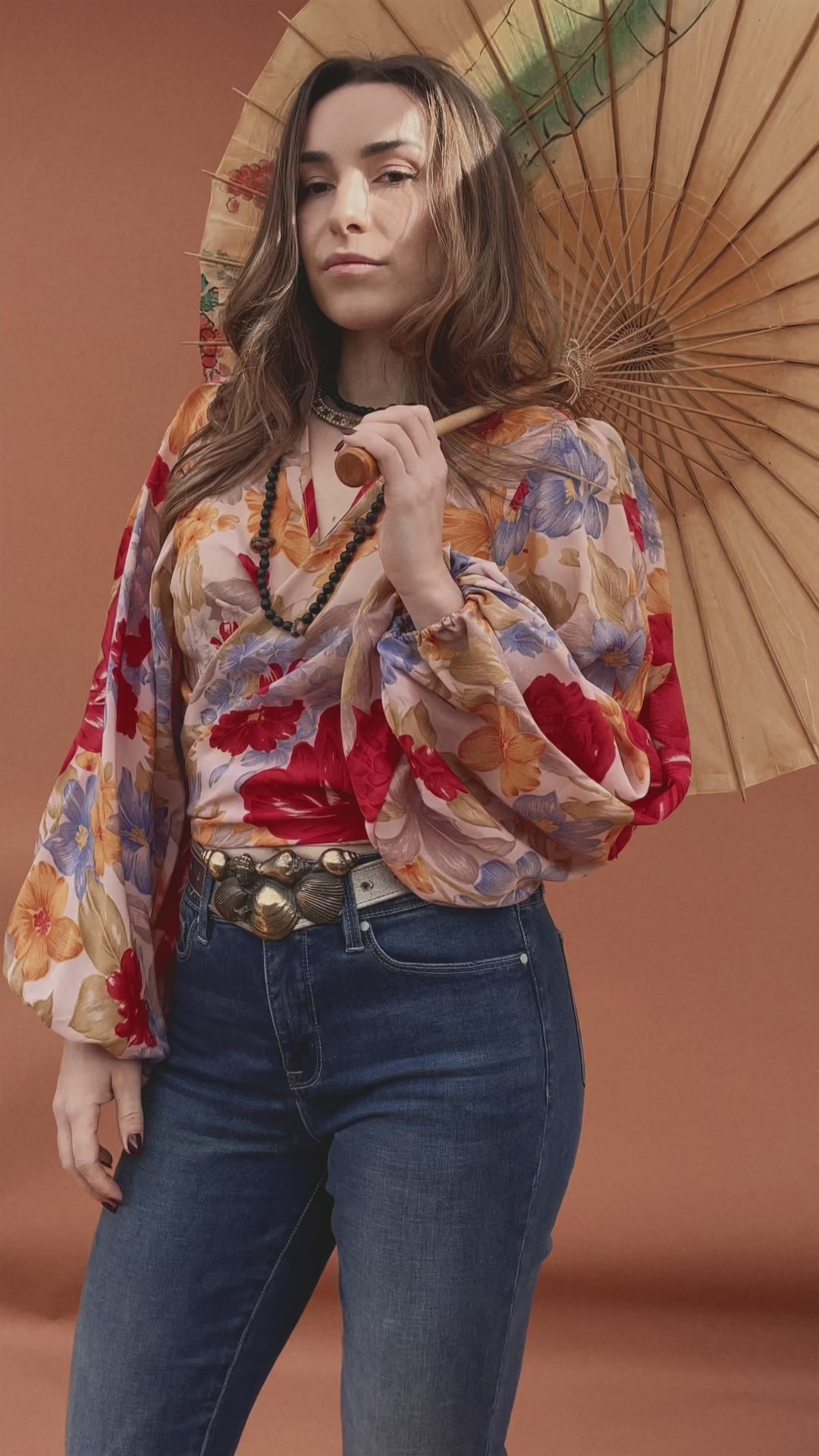 Hoya Silk Crepe Balloon Sleeve Wrap Top ~ Flora L
