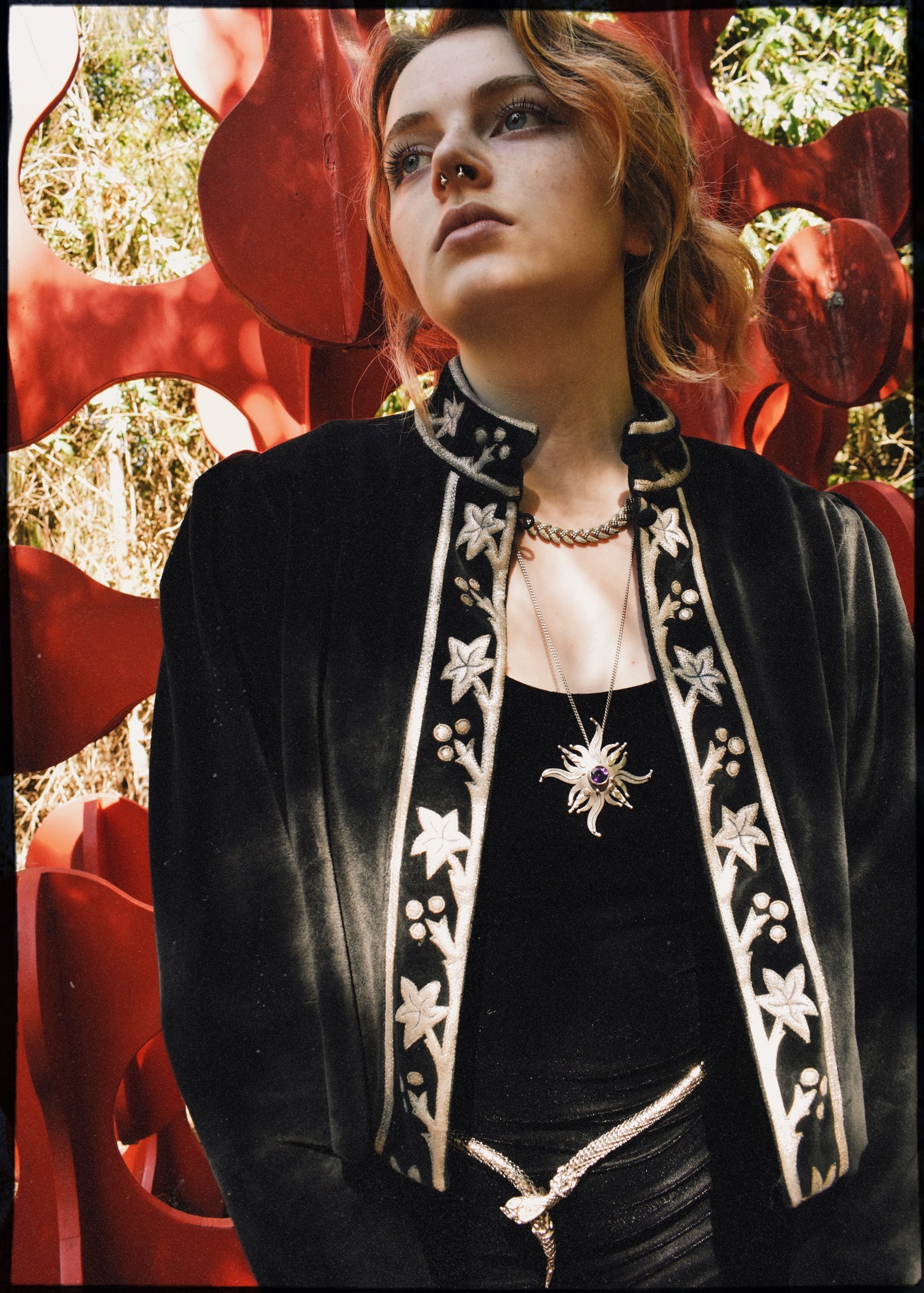 Black cotton velvet cropped jacket with silver leather appliqué detail. Vintage, bohemian inspired. The Outlaw Dame