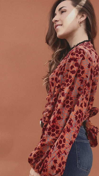 Hoya Silk Crepe Balloon Sleeve Wrap Top ~ Cayenne XL