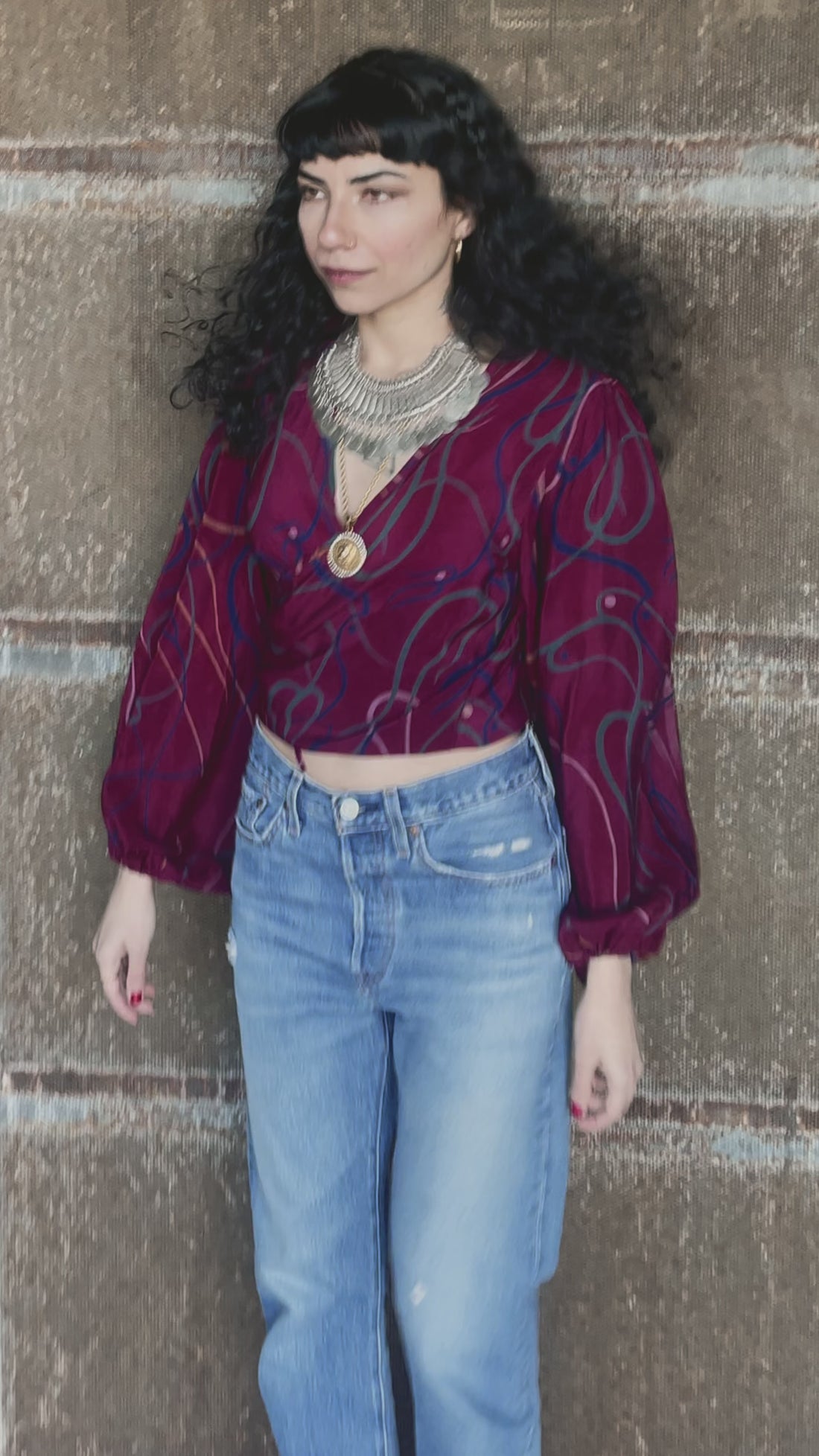 Hoya Silk Crepe Balloon Sleeve Wrap Top ~ Zinfandel XS