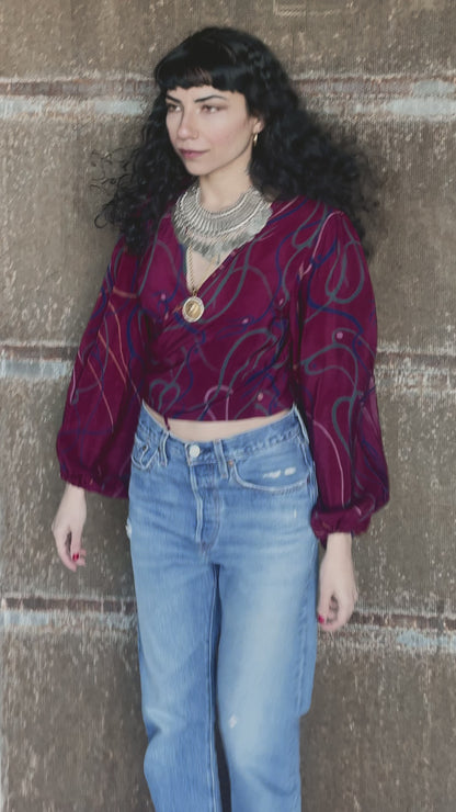 Hoya Silk Crepe Balloon Sleeve Wrap Top ~ Zinfandel XS