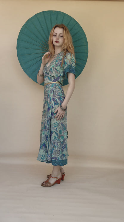 Liatris Silk Crepe Flutter Sleeve Wrap Dress ~ Skyride S