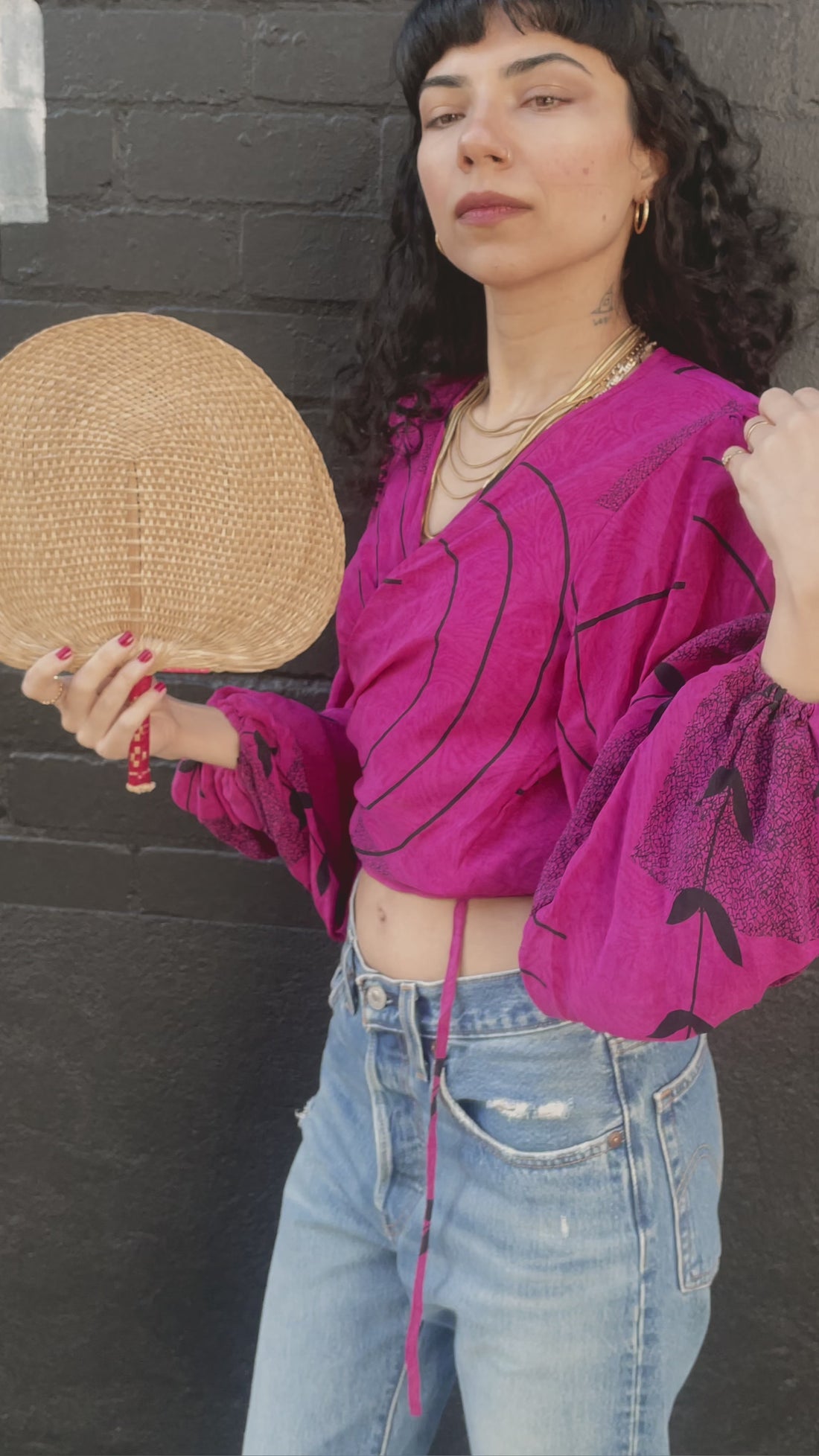 Hoya Silk Crepe Balloon Sleeve Wrap Top ~ Cerise S