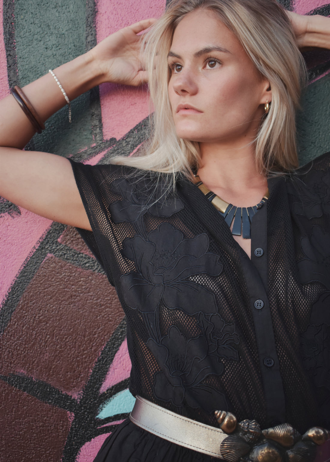 black mesh crochet cotton appliqué detail mini dress vintage retro cut work embroidery The Outlaw Dame