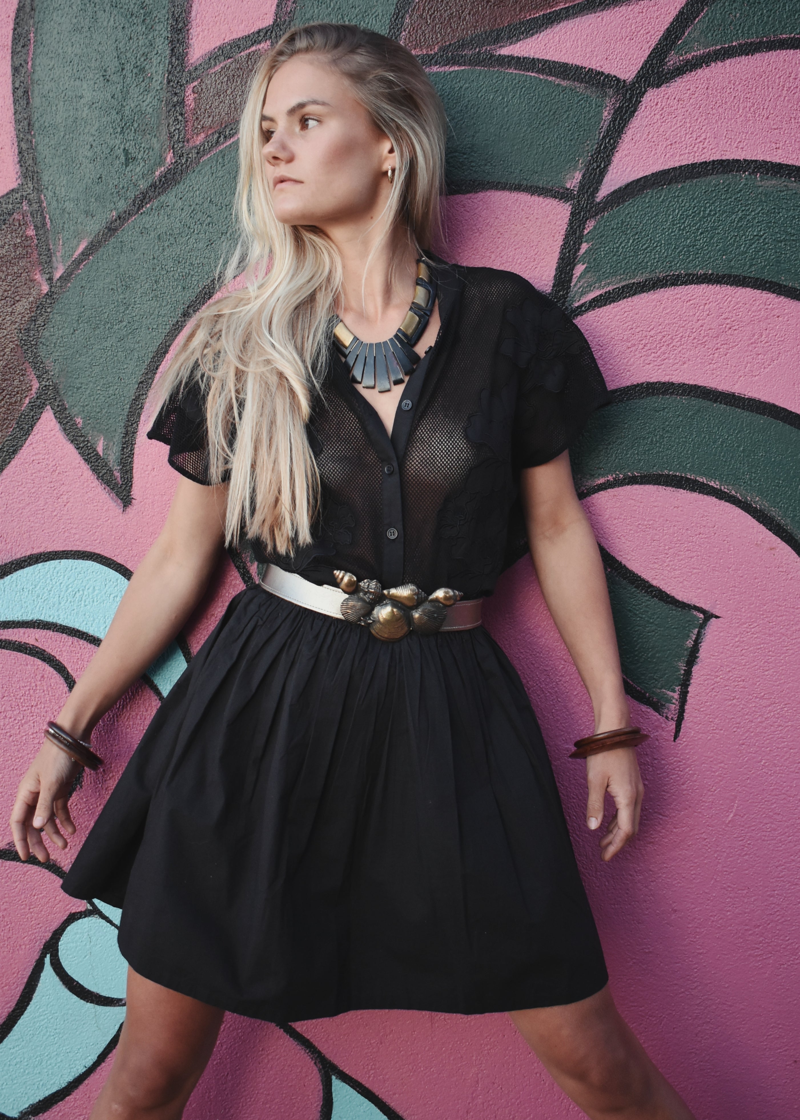 black mesh crochet cotton appliqué detail mini dress vintage retro cut work embroidery The Outlaw Dame