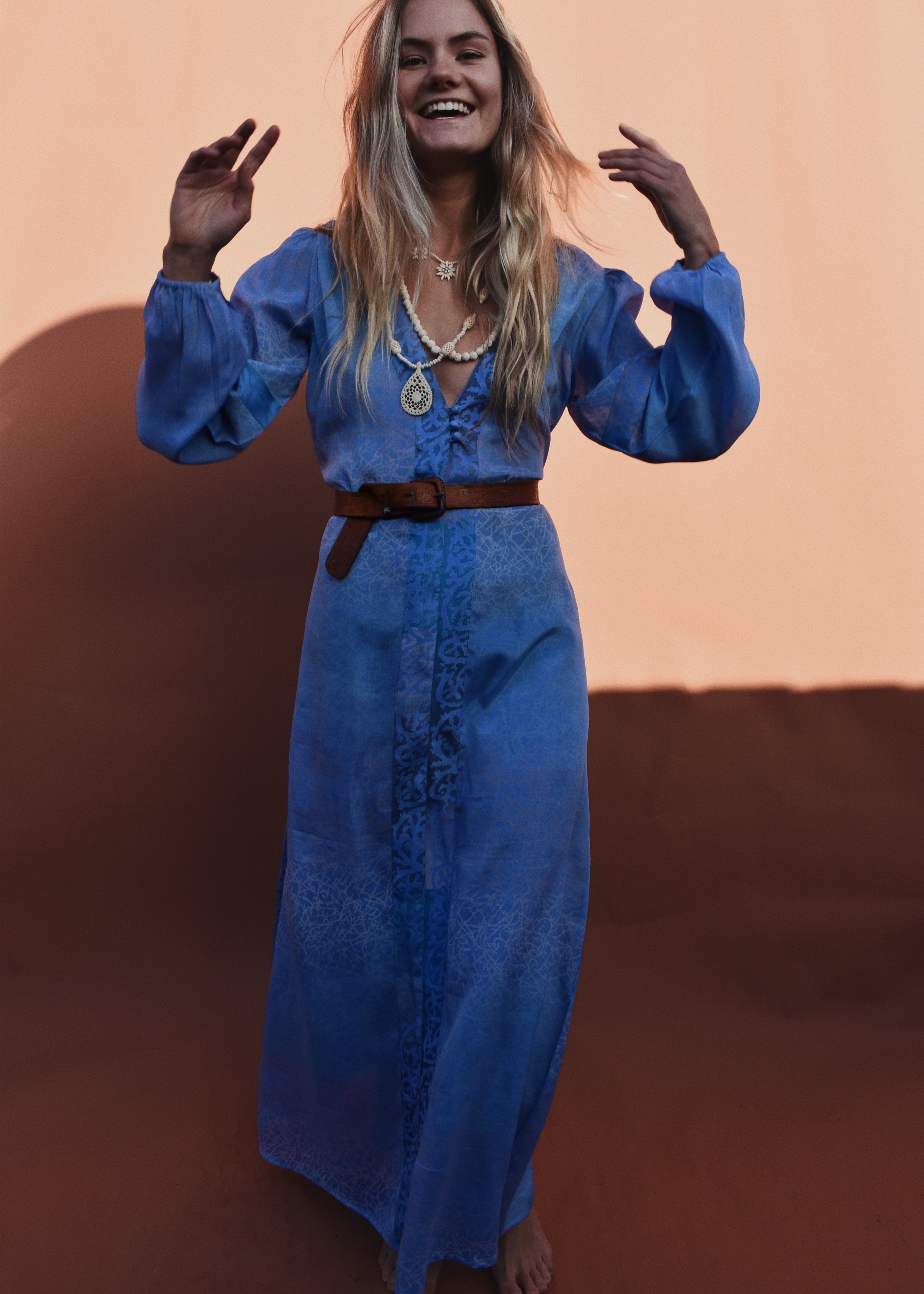 Zea Silk Crepe Kaftan Maxi Dress ~ Icicle S